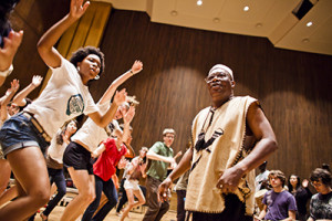 The African Music Ensemble class emphasizes the music of Ghana and is taught by Ghanian musician C.K. Ladzekpo. (UC Berkeley photo by Elena Zhukova)