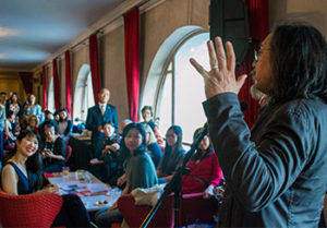 Director and Berkeley alumnus Stan Lai captivates the crowd gathered for the pre-opera talk. (UC Berkeley photo by Kyle Ludowitz)