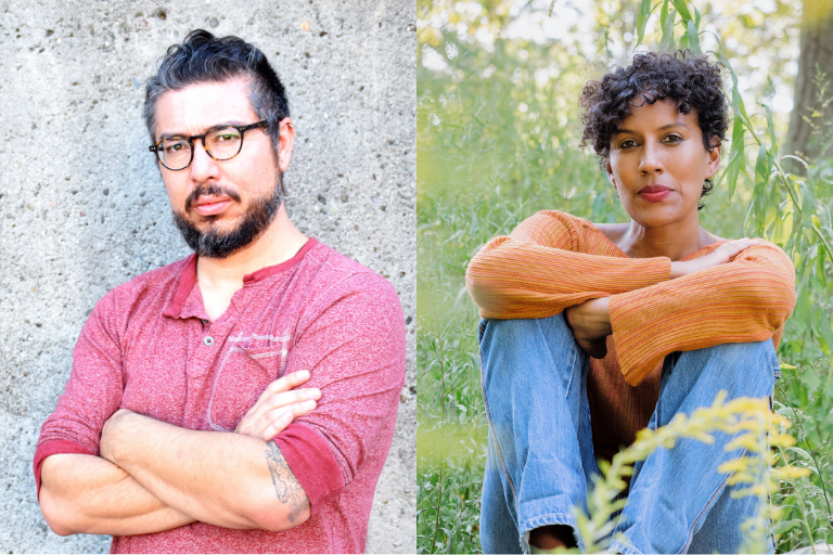 Two people side by side; a man in a red shirt with arms crossed against a gray wall, and a woman with curly hair in an orange sweater sitting in a grassy area.