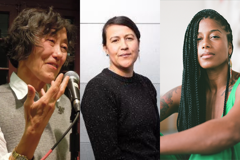 A collage of three people; the first speaks into a microphone, the second stands against a light background, and the third sits wearing a green top.