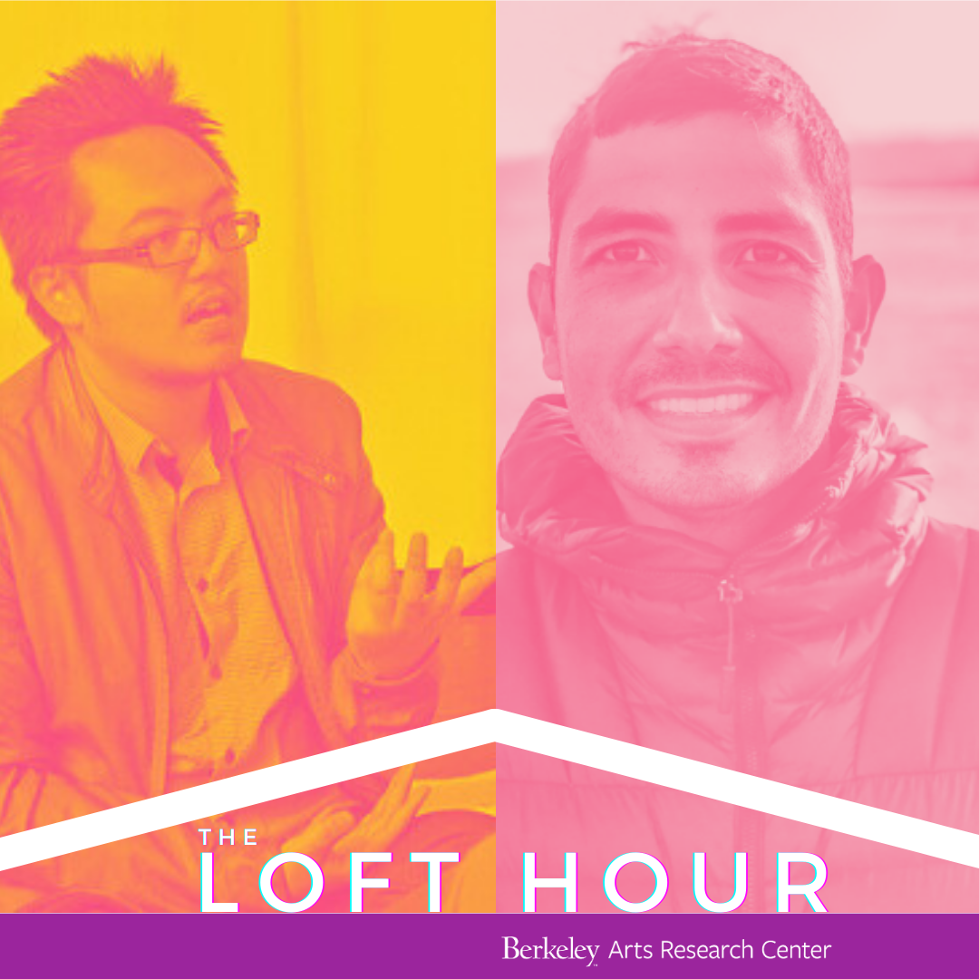 A split image with a yellow left half and a pink right half, featuring two individuals, both wearing jackets. Text overlay at the bottom reads "THE LOFT HOUR Berkeley Arts Research Center."