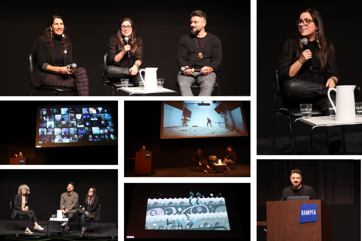 Collage of a panel discussion with speakers on stage, microphones, and a large screen displaying visuals.