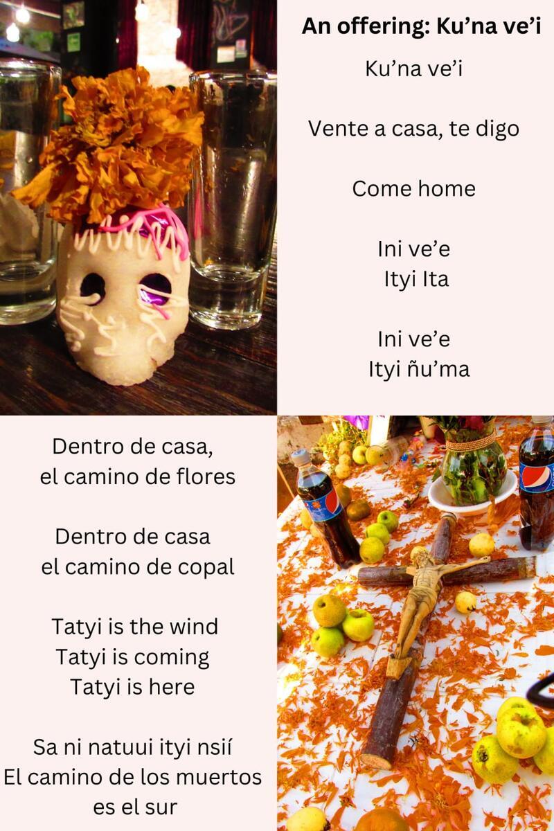 white skull with orange flower on head next to text; christ on cross with fruits and two bottles of pepsi on a table filled with flower petals