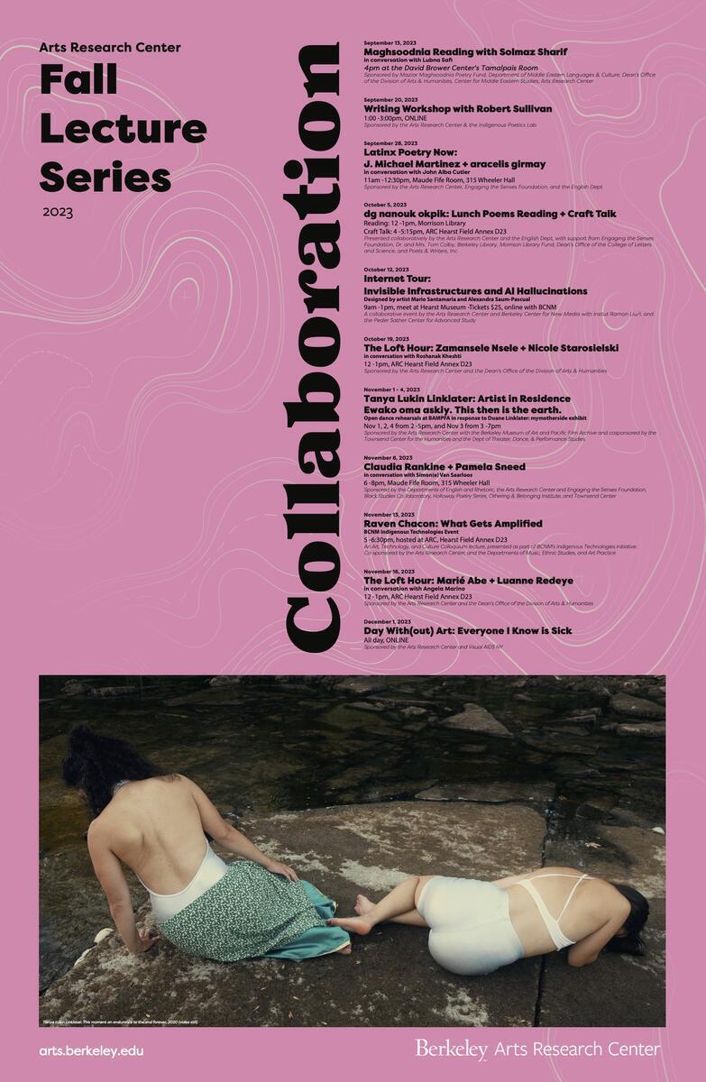 pink poster with text and image of two women dancing