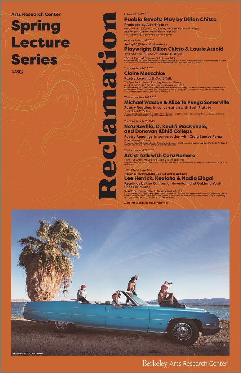 orange poster with text and image of boys in car