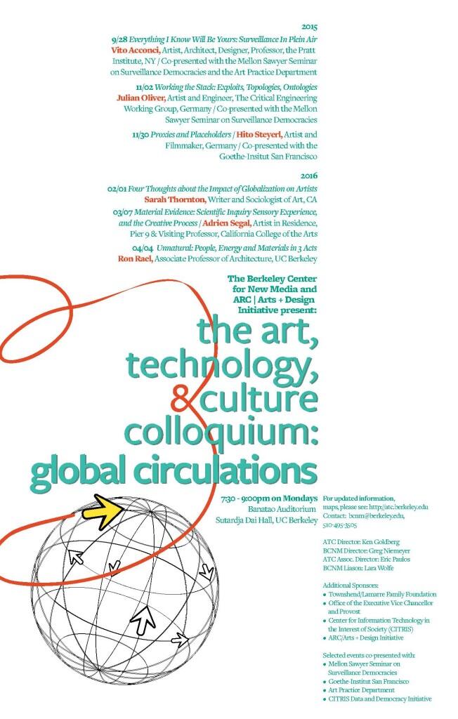 Flyer for event with teal lettering and a globe in the bottom left-hand corner