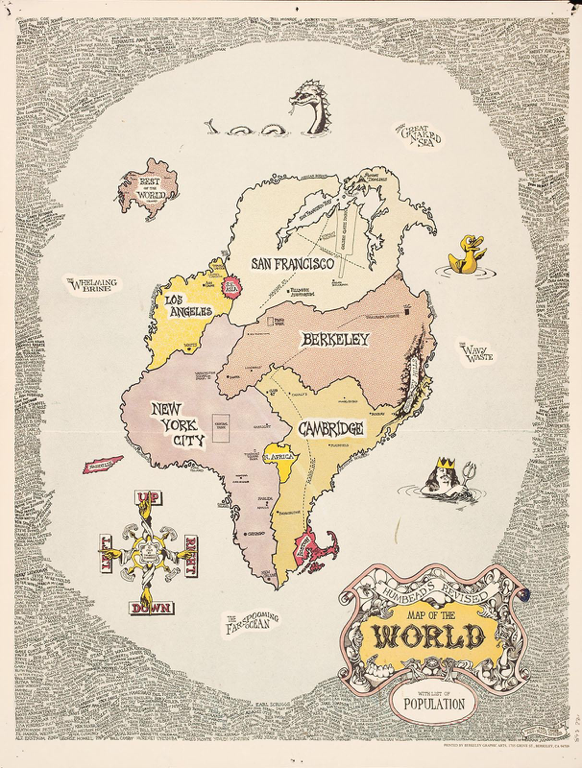 "map of the world" featuring SF, LA, NYC, Berkeley, and Cambridge