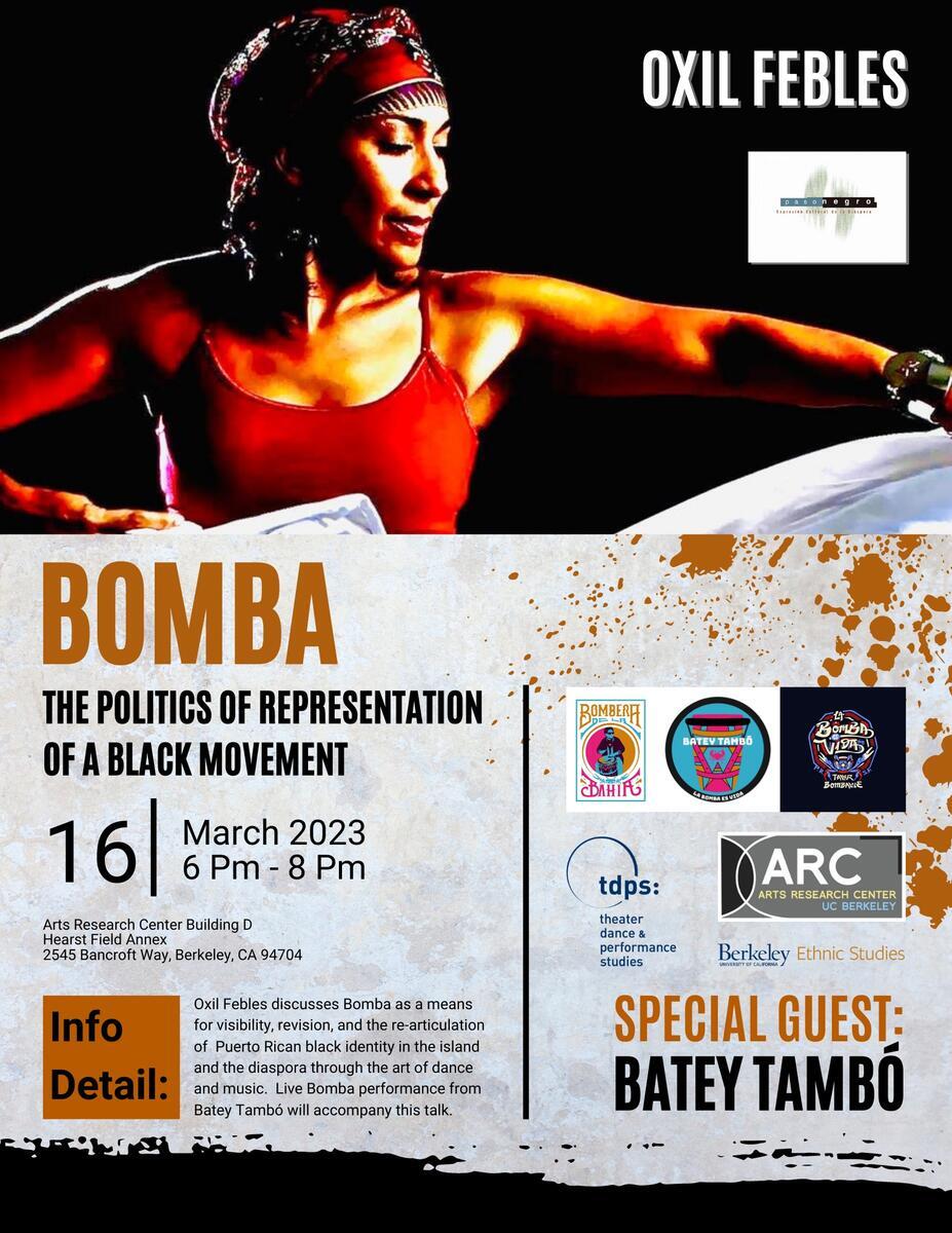 Flyer for Bomba, featuring a dancer wearing a red tank top and a scarf on her head