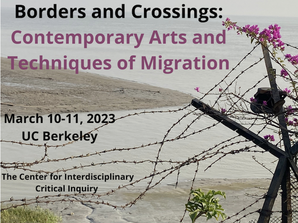 Flyer for Borders & Crossing, featuring a beach with barbed wire in the forefront