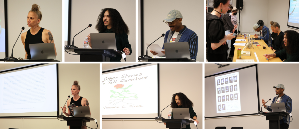 A collage of six images of people presenting and engaging at an event.