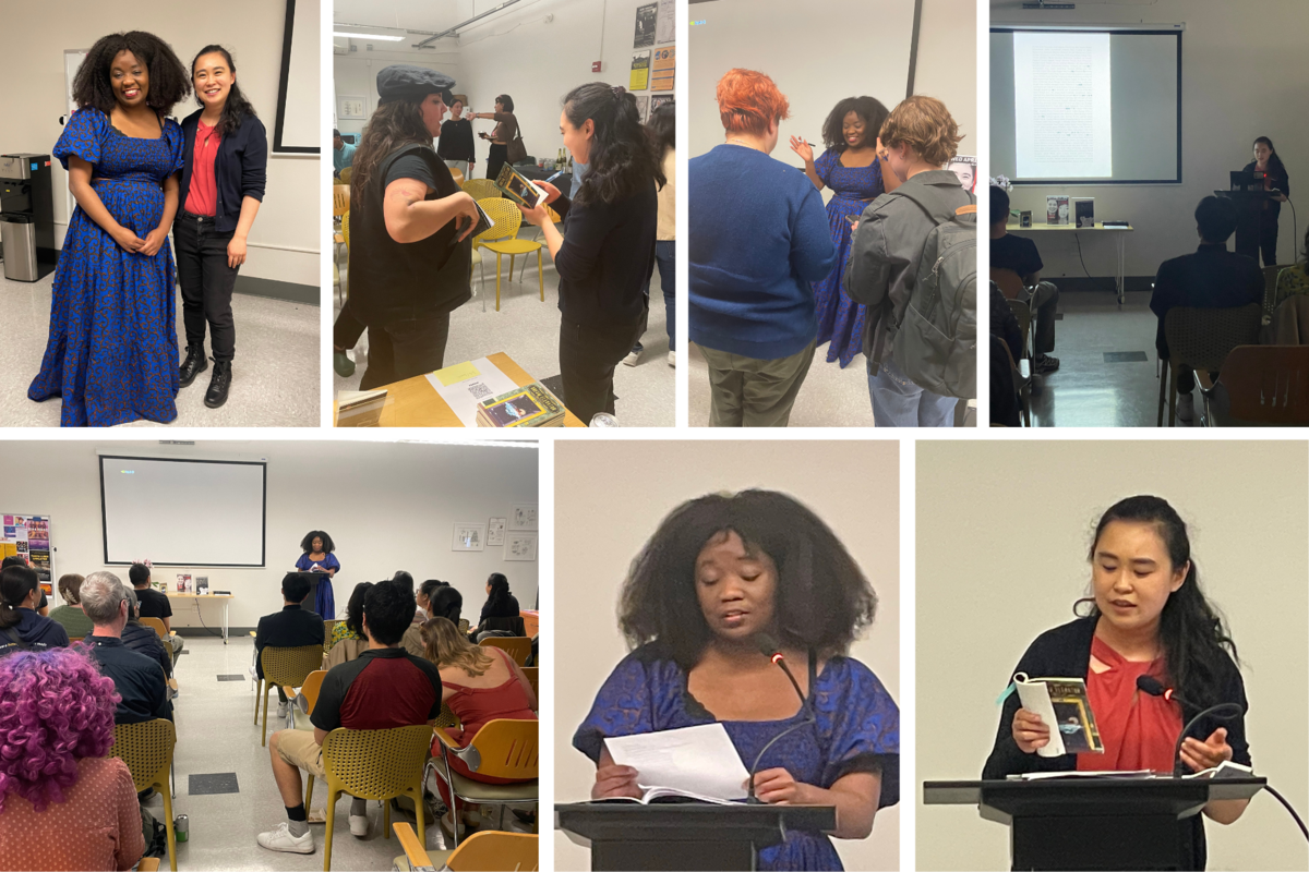 A collage of six photos from an indoor event featuring speakers, audience, and interactions.