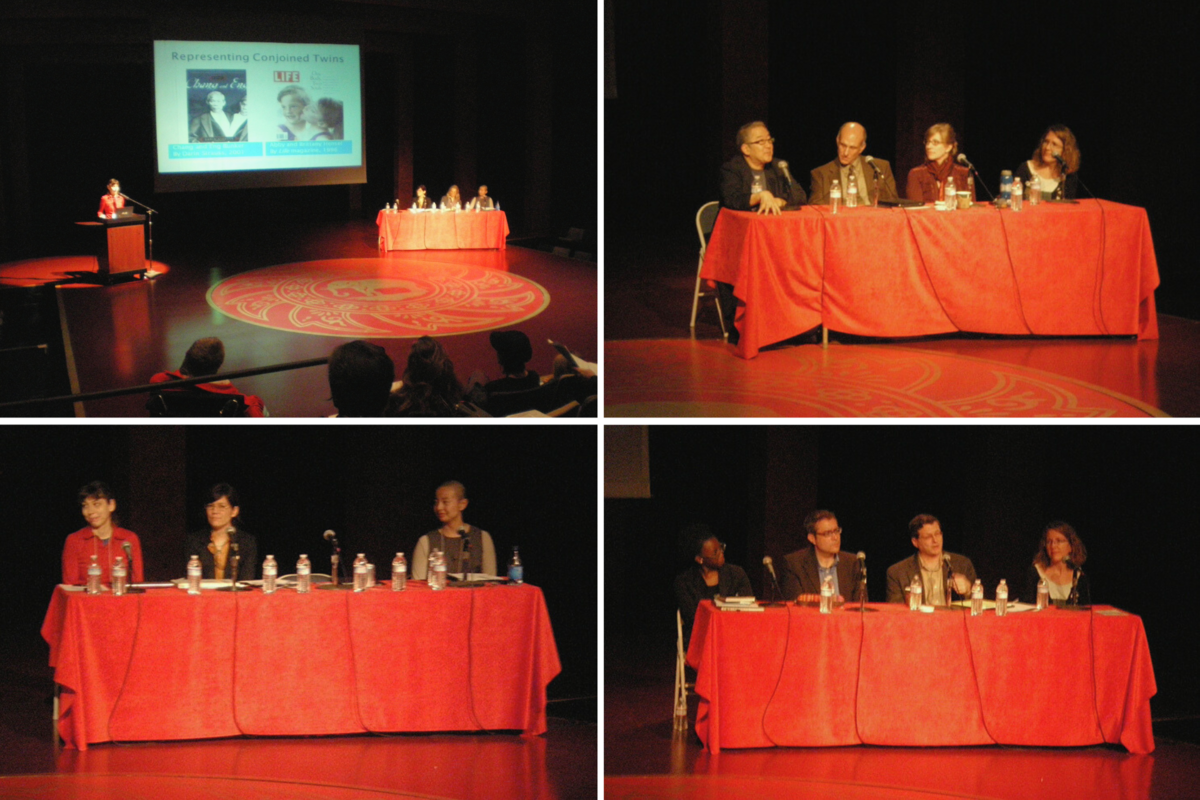 A collage of four photos depicting conference panelists sitting at tables with red tablecloths on a stage.