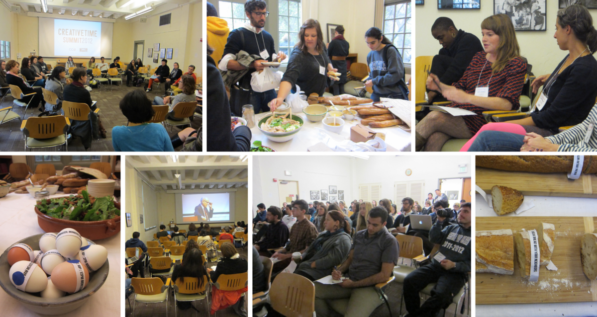 Collage of images from the Creative Time Summit 2012 showing discussions, food, and an audience attending presentations.