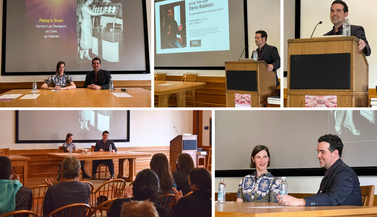 Collage of photos capturing speakers at a presentation event with audience members.