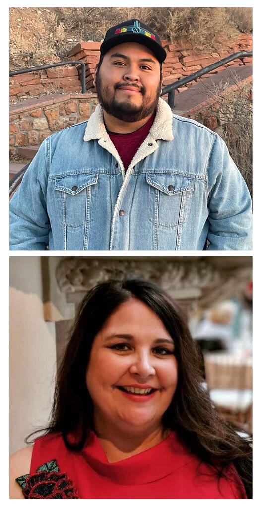 Headshot of playwright Dillon Chitto in denim jacket, headshot of Laurie Arnold in red sweater