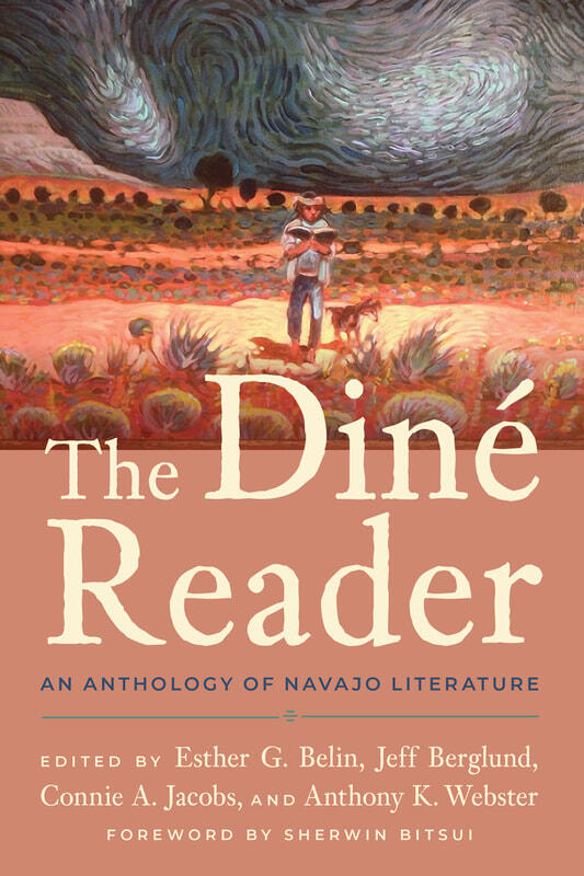 "The Diné Reader" book cover featuring an illustration of a person standing in a desert landscape with a dog, reading a book under a swirling night sky. Text on the cover includes the title, editors' names, and a foreword by Sherwin Bitsui.