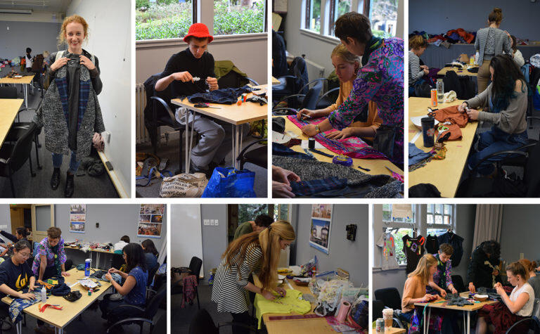 Collage of photos of people sewing