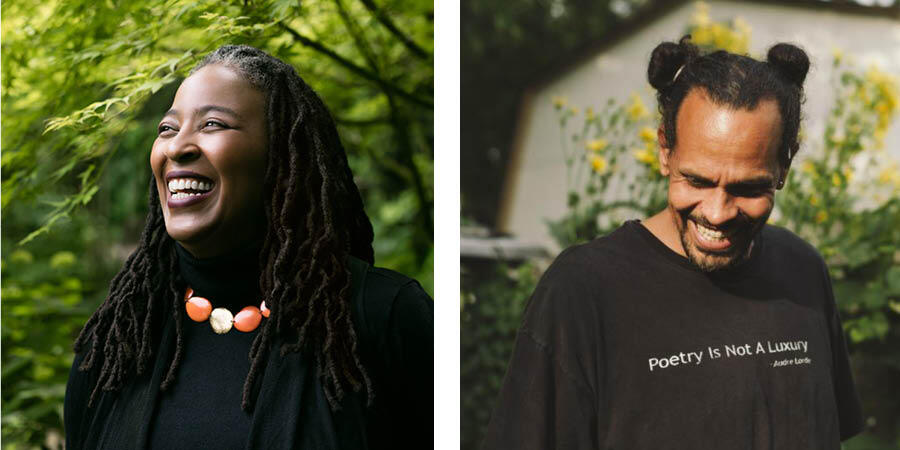 Headshots of Camille T. Dungy and Ross Gay. Both are smiling and in front of natural backgrounds