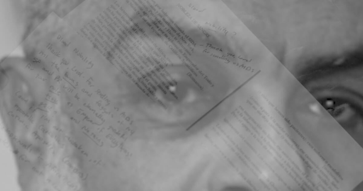 Image of an old man's eye with a image of paper with writing on it transposed over