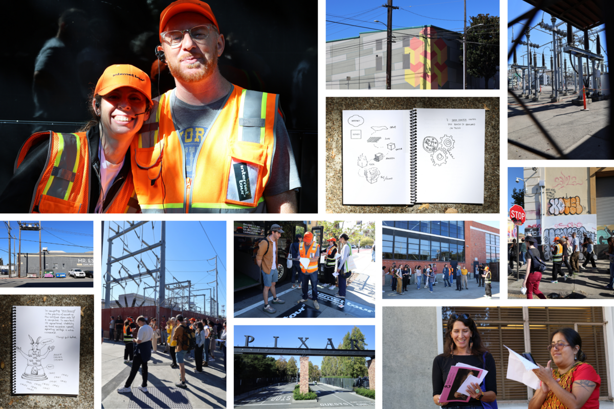 Collage featuring individuals in safety gear, industrial sites, outdoor gatherings, creative sketches, and the Pixar Studios entrance.