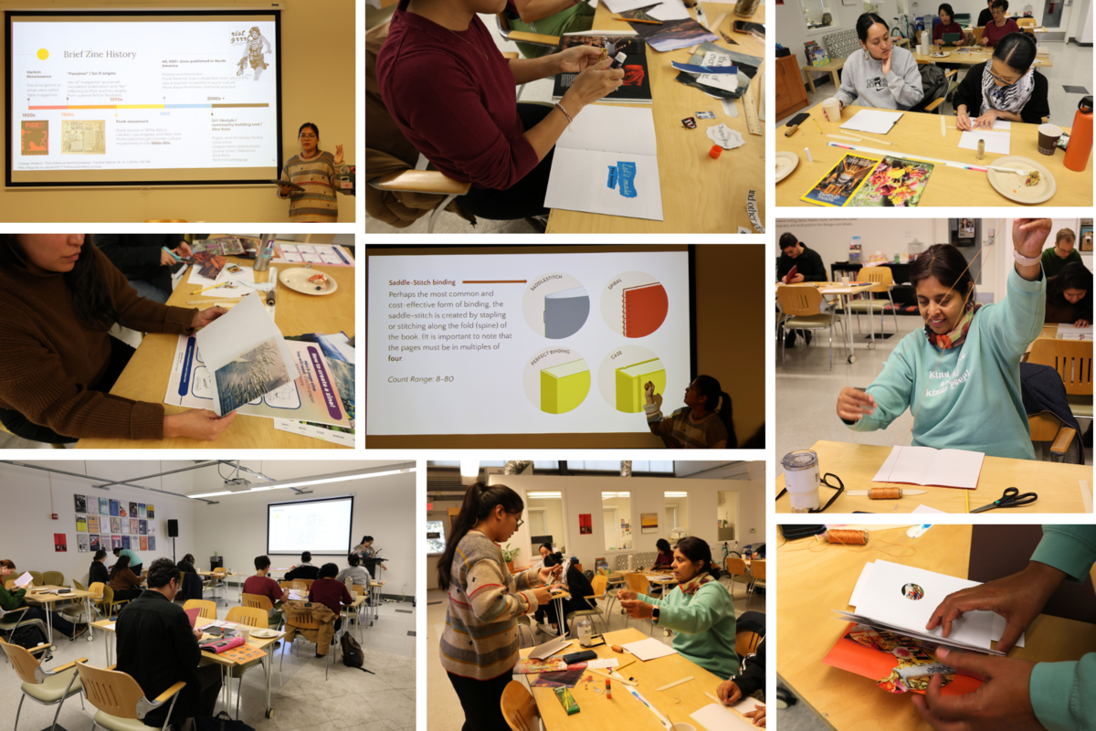 Collage of images from a workshop on zine making, including presentations and participants crafting zines.
