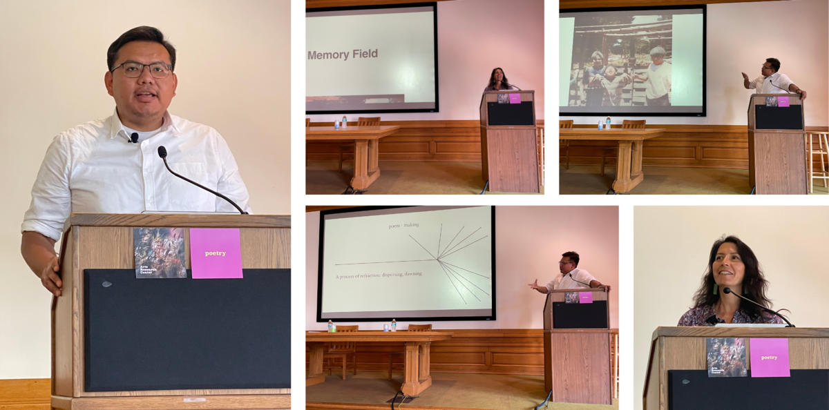 Collage of five photos from a presentation featuring speakers at a podium and slides on a screen.