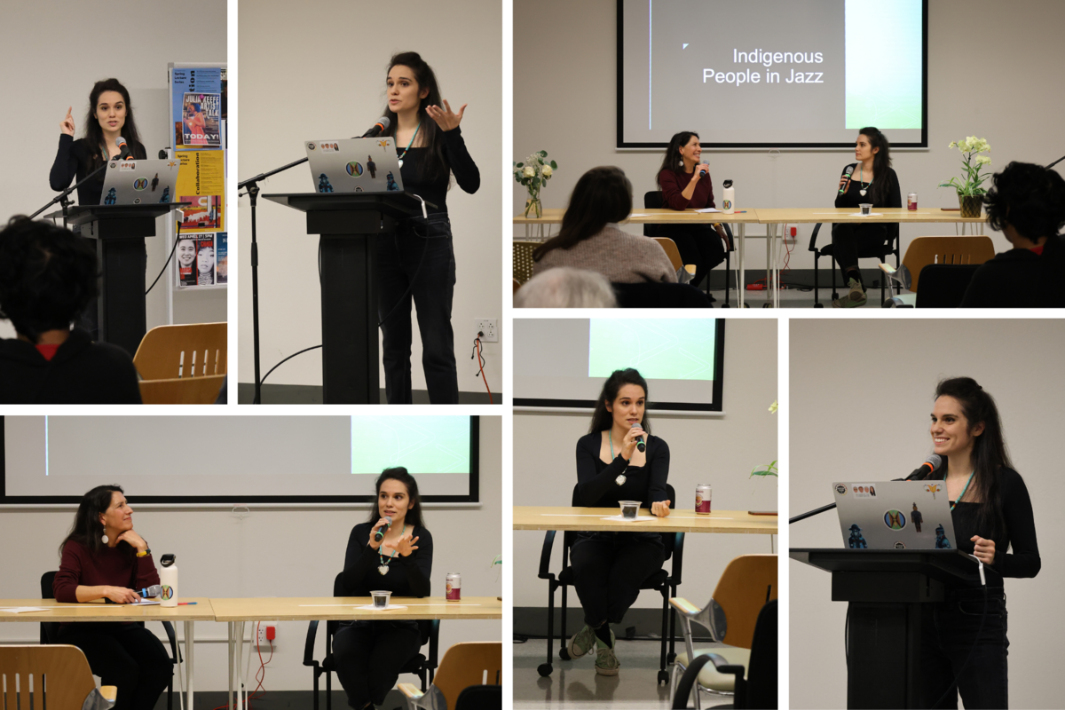 Collage of five images showing a presentation on "Indigenous People in Jazz" with a speaker at a podium and two individuals at a discussion table.