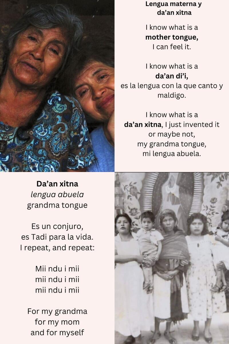 two women next to text, black and white photo of three women and two children standing next to text