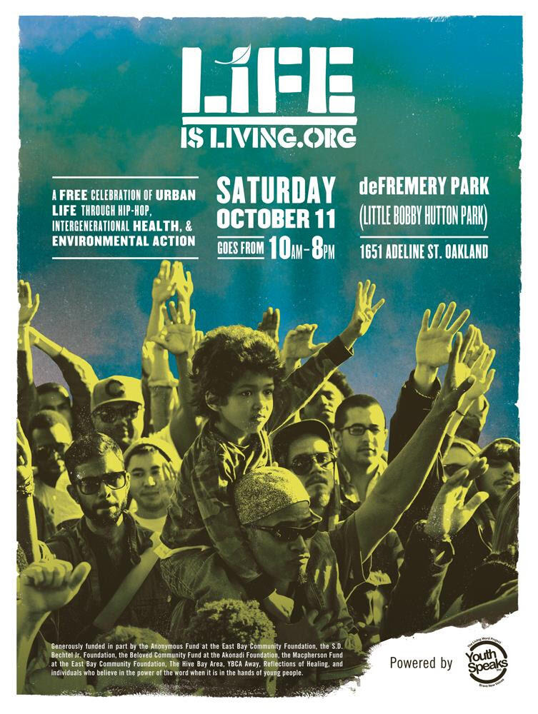 Life is Living Festival poster; a crowd raises their hands. A boy sits on a man's shoulders