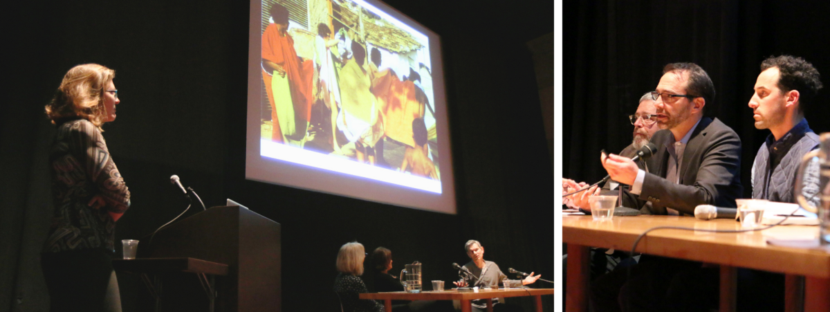 A woman presents images on a screen at a podium, and three men engage in a panel discussion at a table.