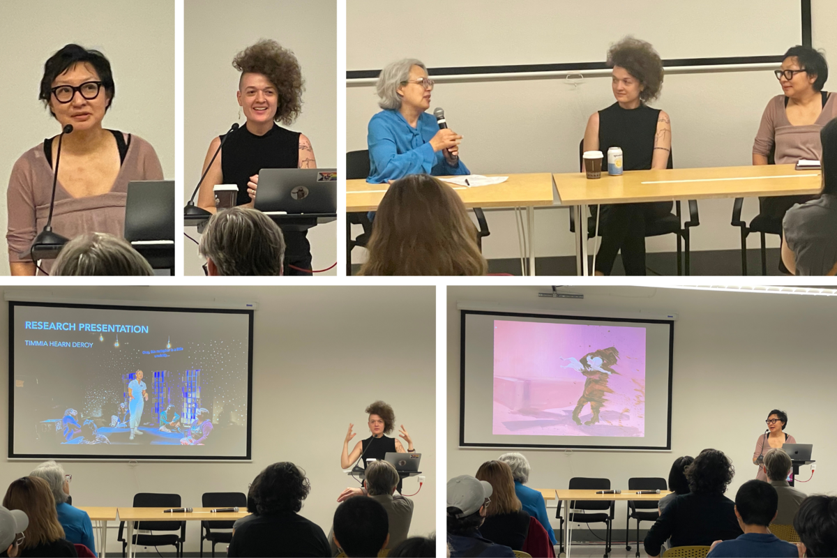 A collage of six images showing speakers during an academic presentation and panel discussion, with projected slides in the background.