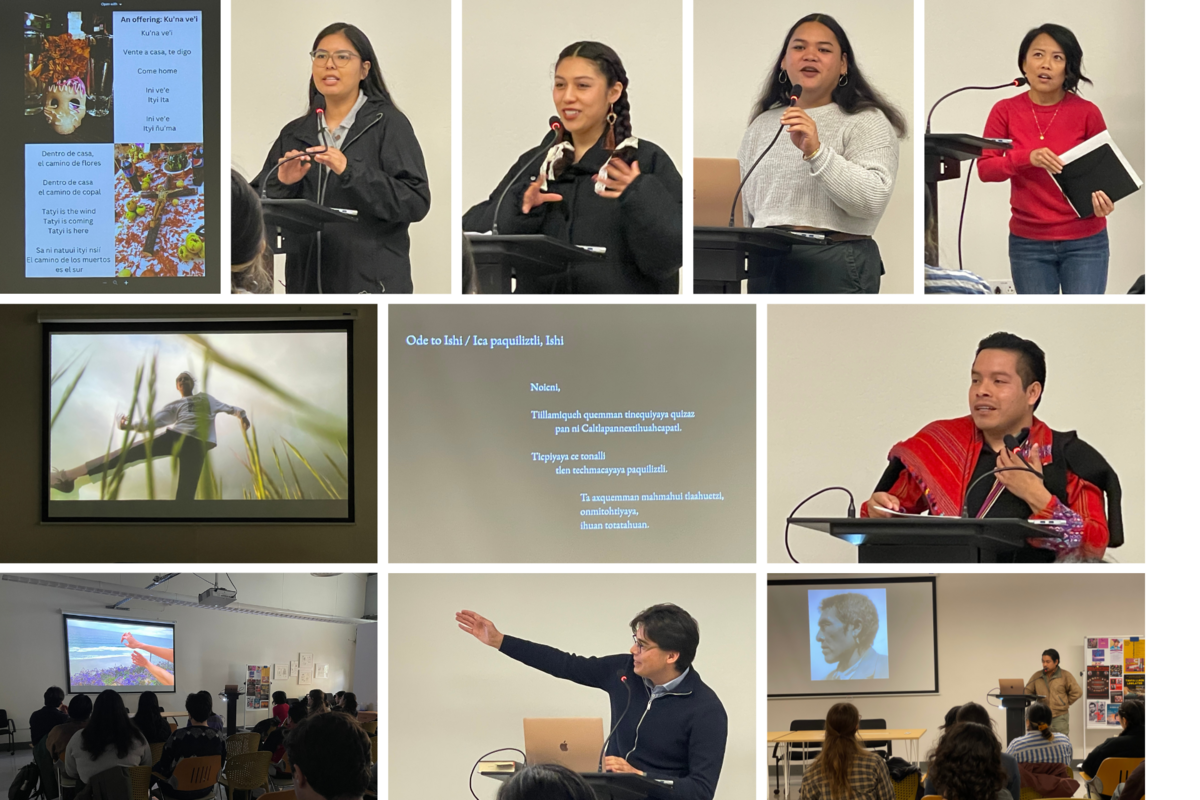 Collage of people giving presentations, projected images of poetry and photographs, and an audience watching.