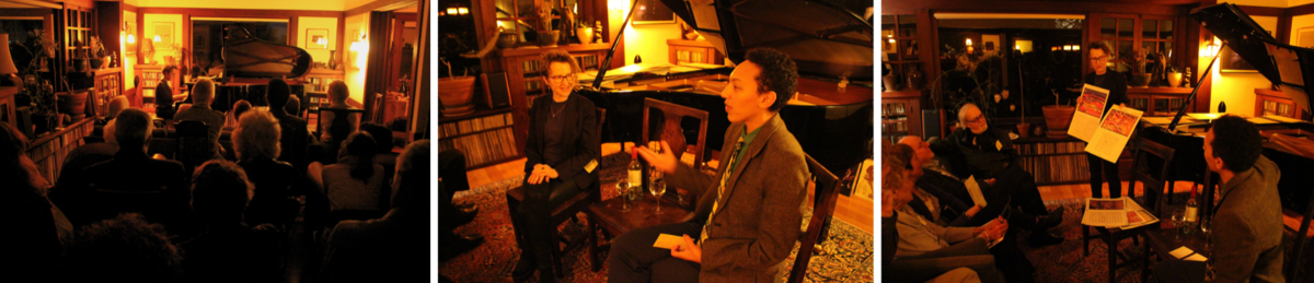 A triptych of an intimate, warmly lit room with a pianist performing and people discussing in front of a grand piano.