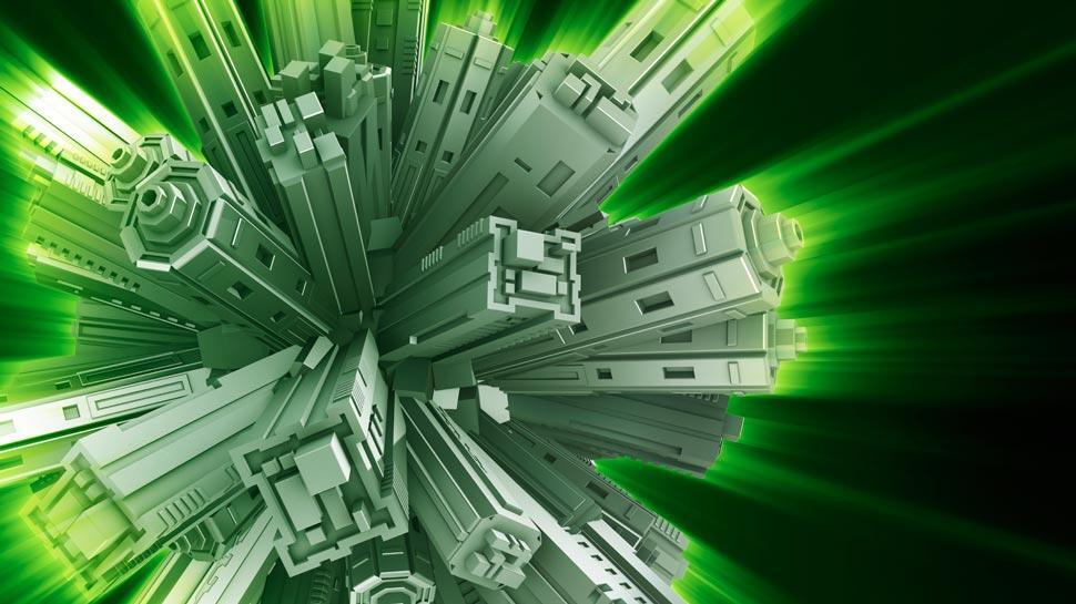 Digitally rendered image of skyscrapers exploding out of green light