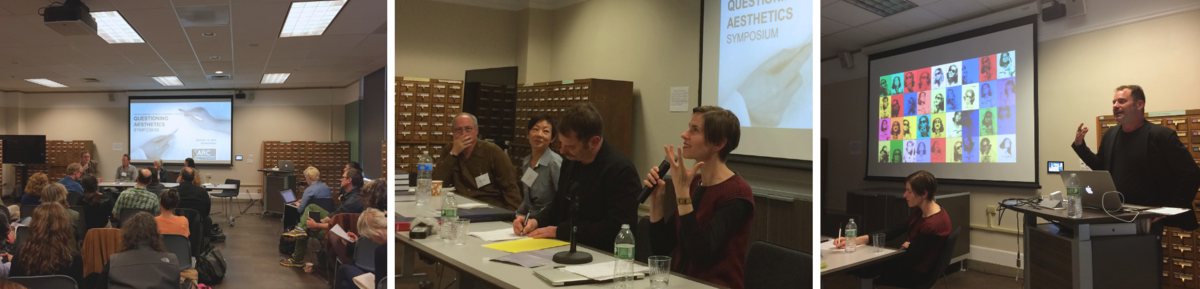 Composite image of a symposium event showing an audience, a panel discussion, and a speaker presenting.