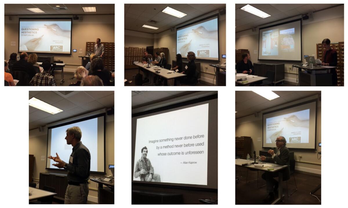 Six photos from a symposium titled "Questioning Aesthetics," featuring speakers and panels in a conference room with a projection screen.