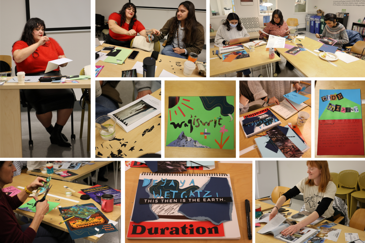 Collage of photos from an art workshop showing individuals creating and displaying paper art projects.