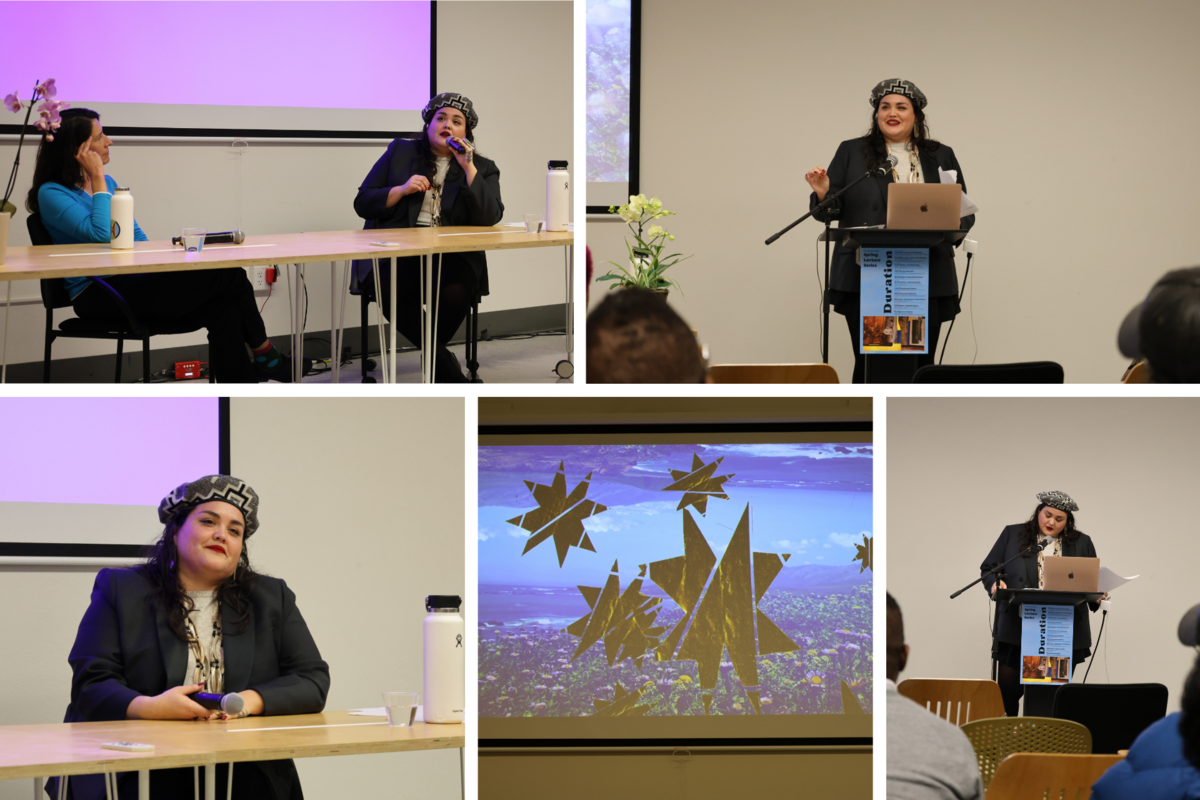 Collage of a speaker event with images of the speaker at a podium and seated at a table.