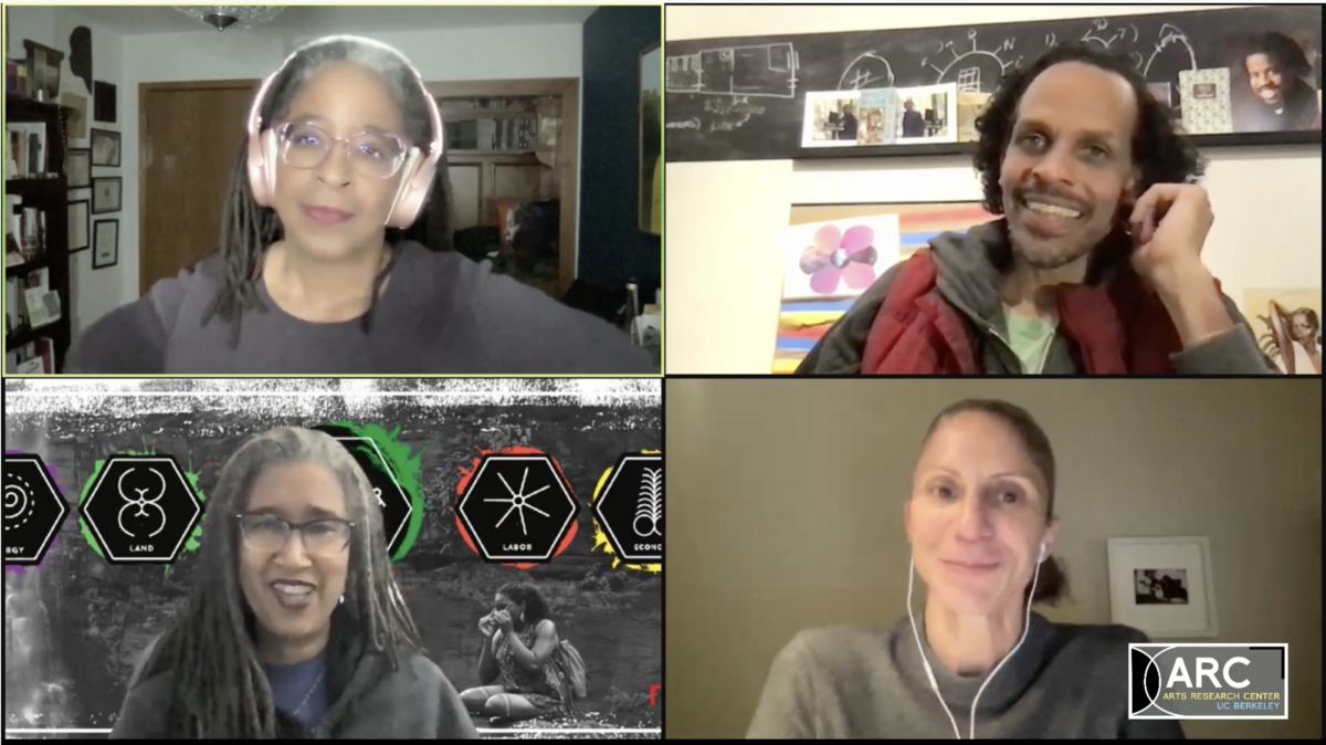 A virtual meeting screenshot with four participants in individual frames, featuring different backgrounds and styles.