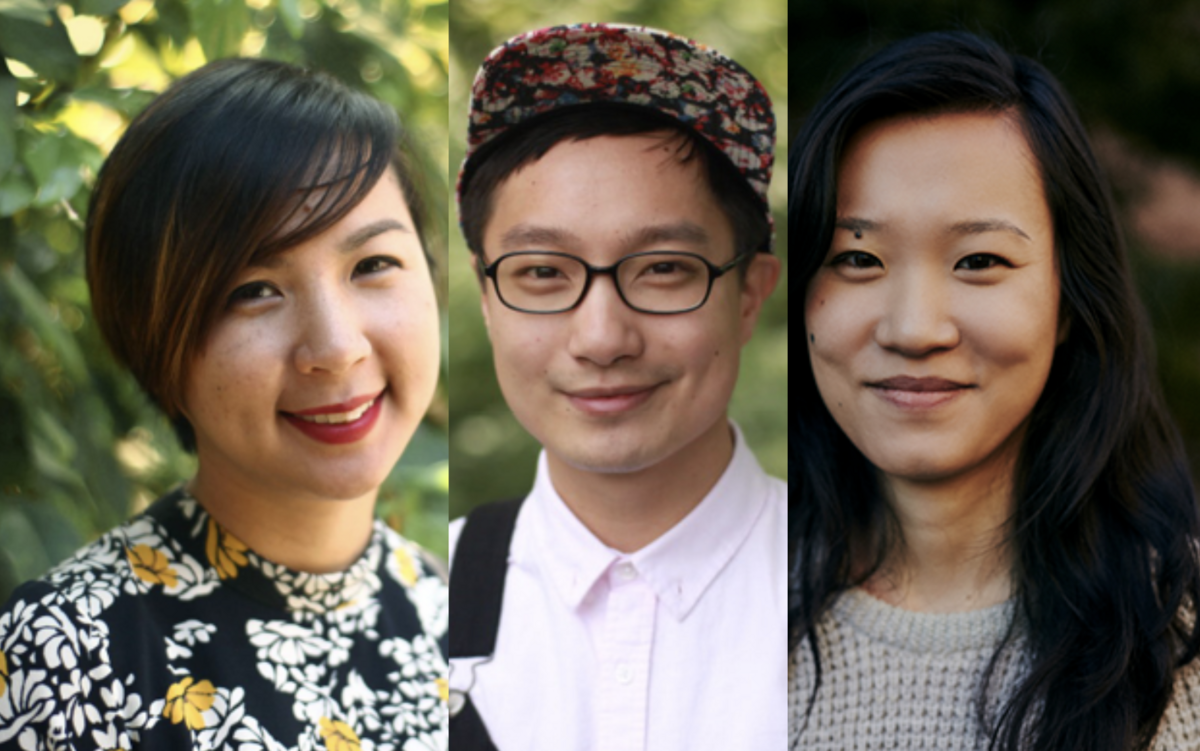 Headshots of Cathy Linh Che, Chen Chen, & Jenny Xie, all in front of natural green backgrounds