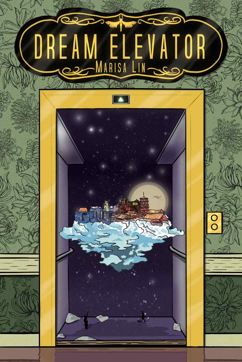Illustration of an open elevator with a night sky, buildings, pagodas, and a large moon inside.