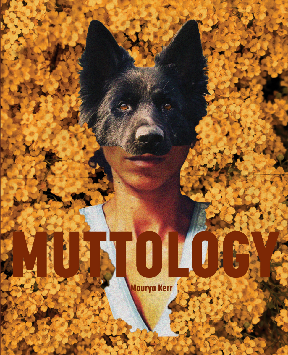 Surreal collage of a human with a dog's head, surrounded by orange flowers with the title "MUTTOLOGY."
