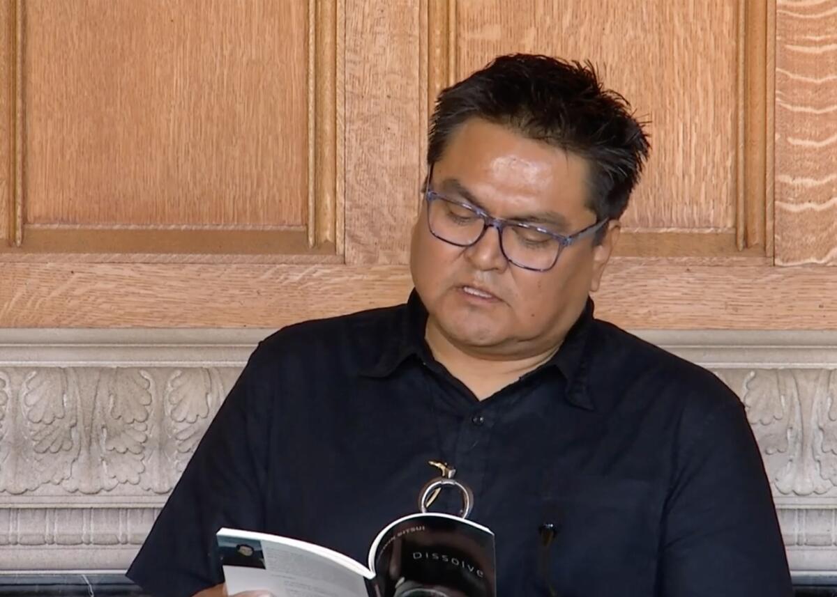 Person reading a book titled "Dissolve" in front of a detailed wooden and stone background.