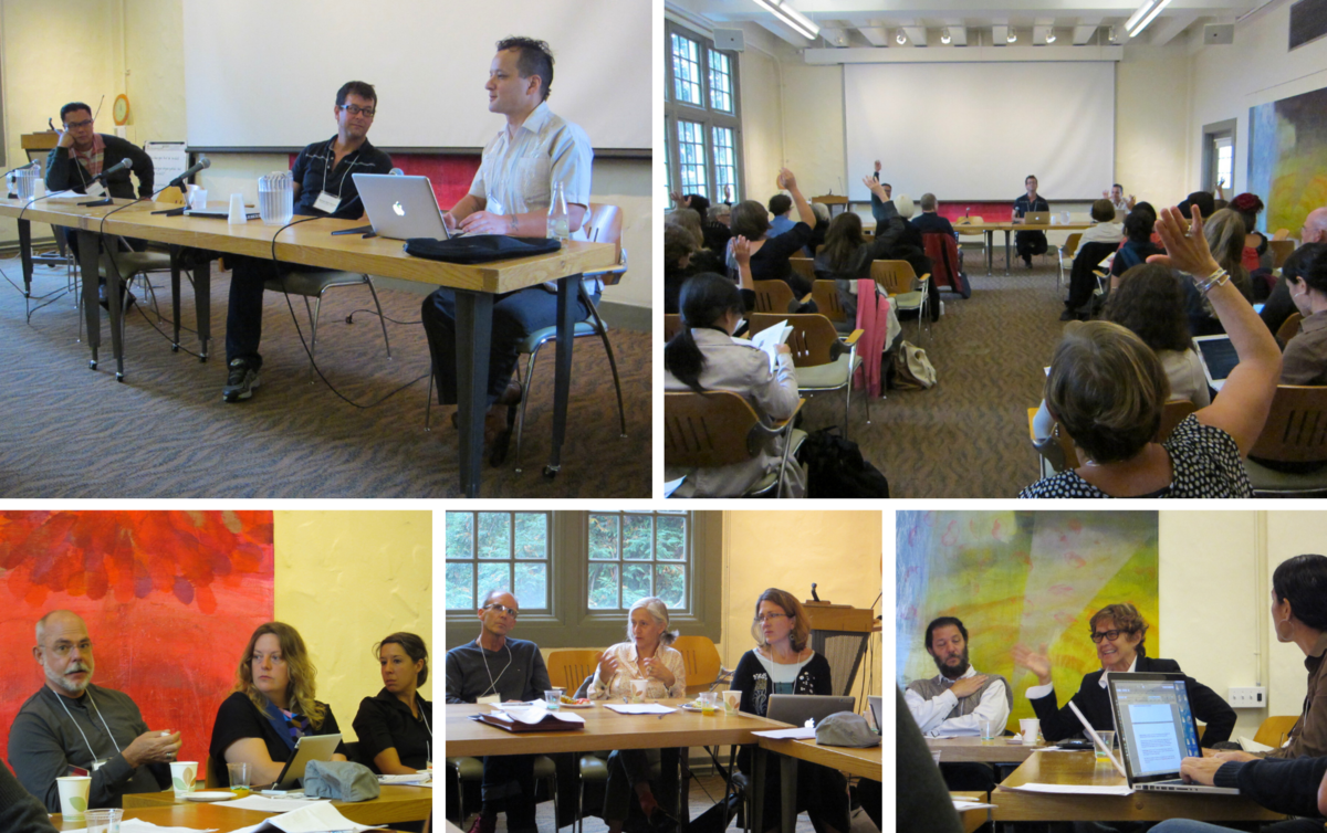 Scenes from a conference with panel discussions and audience interactions.