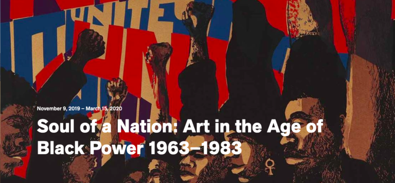 Soul of a Nation flyer with people holding fists up in front of the word "united" in red and blue