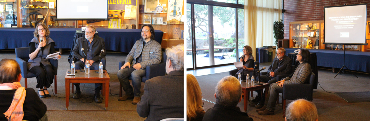 Panel discussion with three speakers seated on armchairs in a room with large windows and a backdrop of shelves displaying memorabilia.