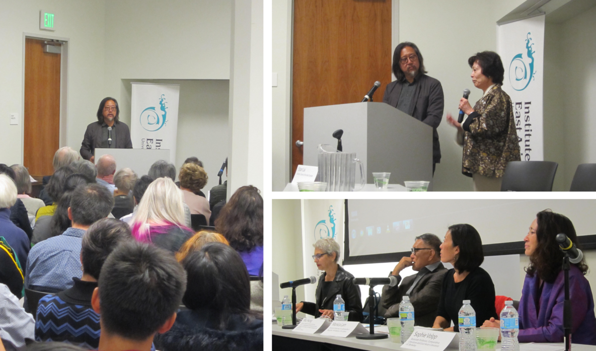 A collage of photos from a lecture and panel discussion event showing speakers at a podium and a seated panel.