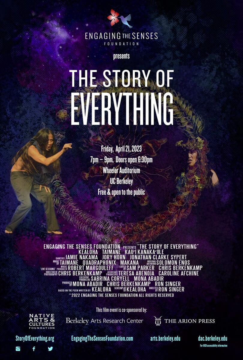 Story of Everything movie poster, photos of Kealoha performing in front of a purple galaxy image