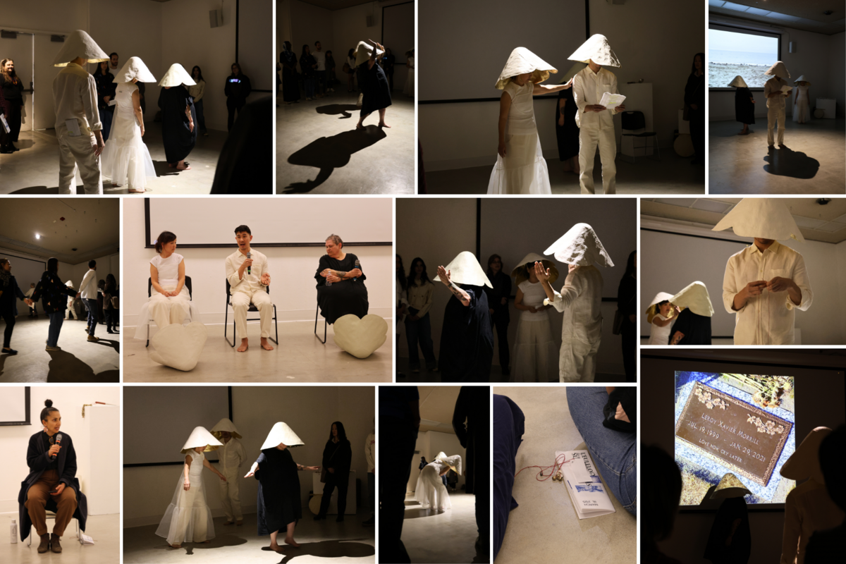 A collage of images featuring a performance where participants wear large cone hats and engage in various activities in a dimly lit space.