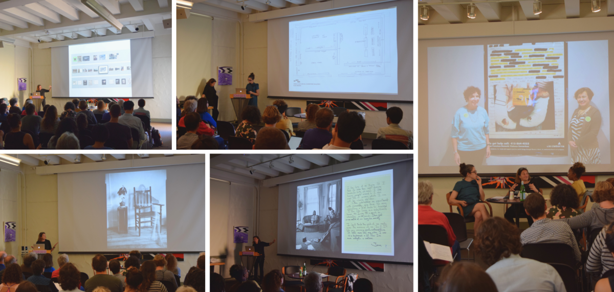 A collage of five conference photos showing different presentations and a panel discussion with screens displaying various images and text.